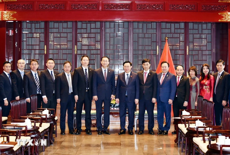 Chủ tịch Quốc hội Vương Đình Huệ chụp ảnh lưu niệm với lãnh đạo Tập đoàn Energy China. (Ảnh: Thành Dương/TTXVN)