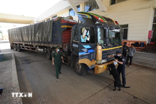 Lực lượng chức năng kiểm tra xe container đang làm thủ tục thông quan tại Cửa khẩu Quốc tế Xa Mát. (Ảnh: Minh Phú/TTXVN)