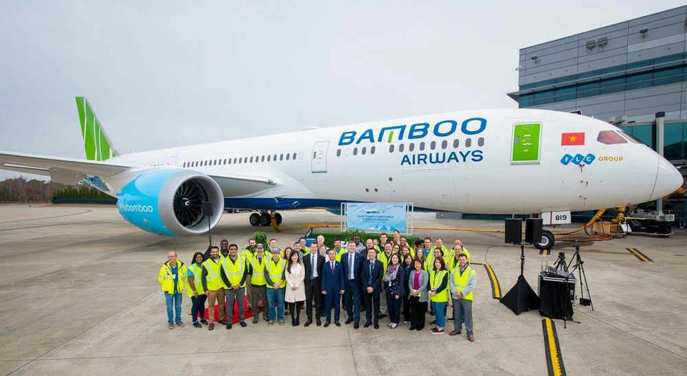Bamboo Airways chính thức tiếp nhận chiếc máy bay thân rộng Boeing 787-9 Dreamliner đầu tiên. (Ảnh: CTV/Vietnam+)