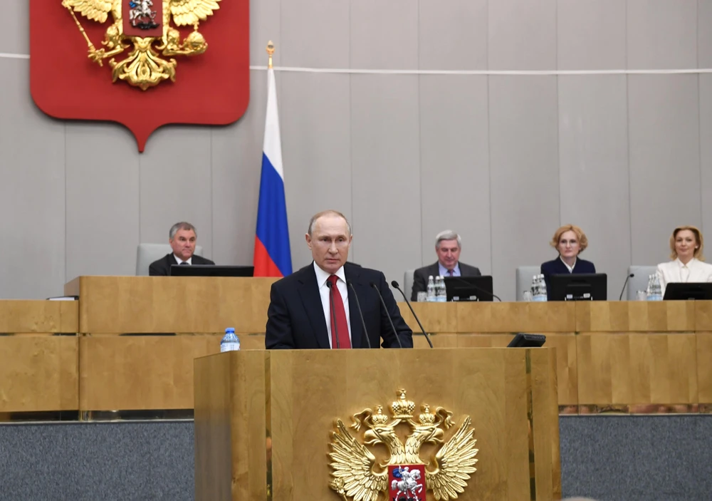 Tổng thống Nga Vladimir Putin phát biểu trong phiên họp Duma Quốc gia tại Moskva ngày 10/3/2020. (Ảnh: THX/ TTXVN)