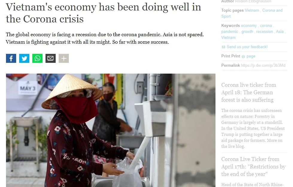 Bài viết trên báo DW về chính sách kinh tế của Việt Nam trong đại dịch COVID-19. (Ảnh chụp màn hình)