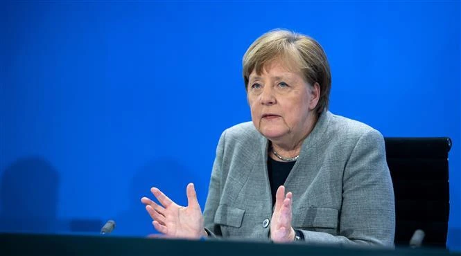 Thủ tướng Đức Angela Merkel phát biểu tại cuộc họp báo ở Berlin ngày 15/4/2020. (Ảnh: AFP/TTXVN)