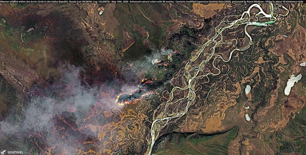 Ảnh chụp vệ tinh các đám cháy rừng tại Siberia ngày 19/5/2020. (Nguồn: Sentinel Hub)