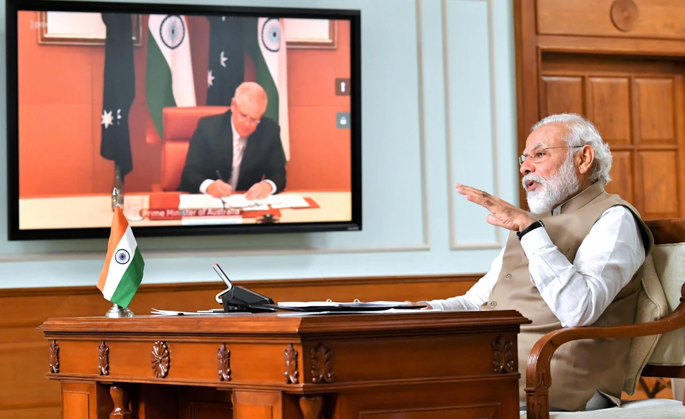 Thủ tướng Ấn Độ Narendra Modi họp trực tuyến với người đồng cấp Australia Scott Morrison ngày 4/4/2020. (Nguồn: businessinsider.in)
