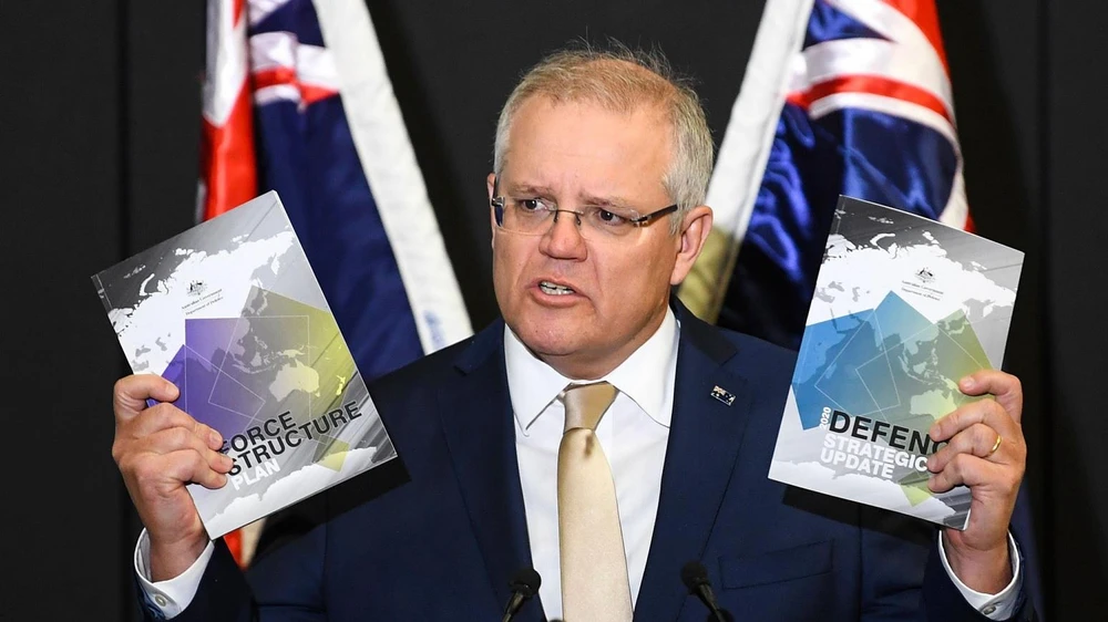 Thủ tướng Australi Scott Morrison phát biểu trong buổi công bố Cập nhật Chiên lược Quốc phòng Australia 2020. (Nguồn: FT)
