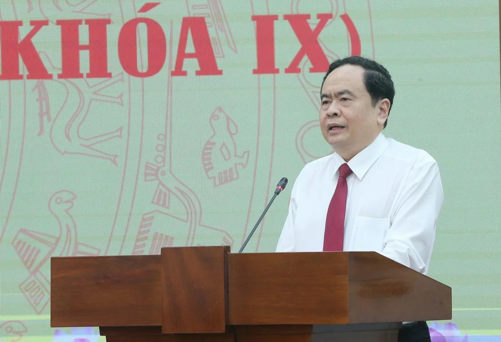 Đồng chí Trần Thanh Mẫn, Bí thư Trung ương Đảng, Chủ tịch Ủy ban Trung ương MTTQ Việt Nam phát biểu. (Ảnh: Doãn Tấn/TTXVN)