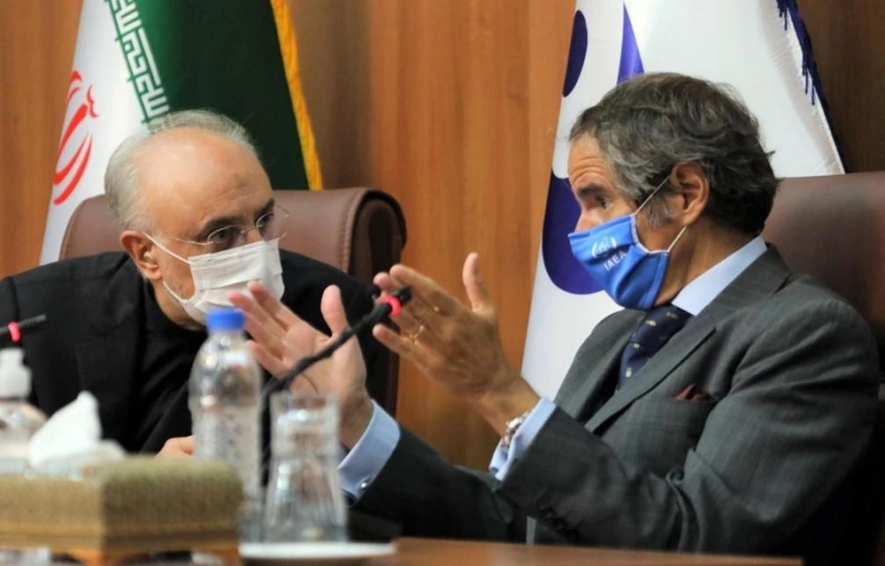 Quan chức cấp cao về hạt nhân của Iran Ali Akbar Salehi (trái) và Tổng Giám đốc IAEA Rafael Mariano Grossi tại cuộc họp báo chung ở Tehran ngày 25/8/2020. (Ảnh: AFP/TTXVN)