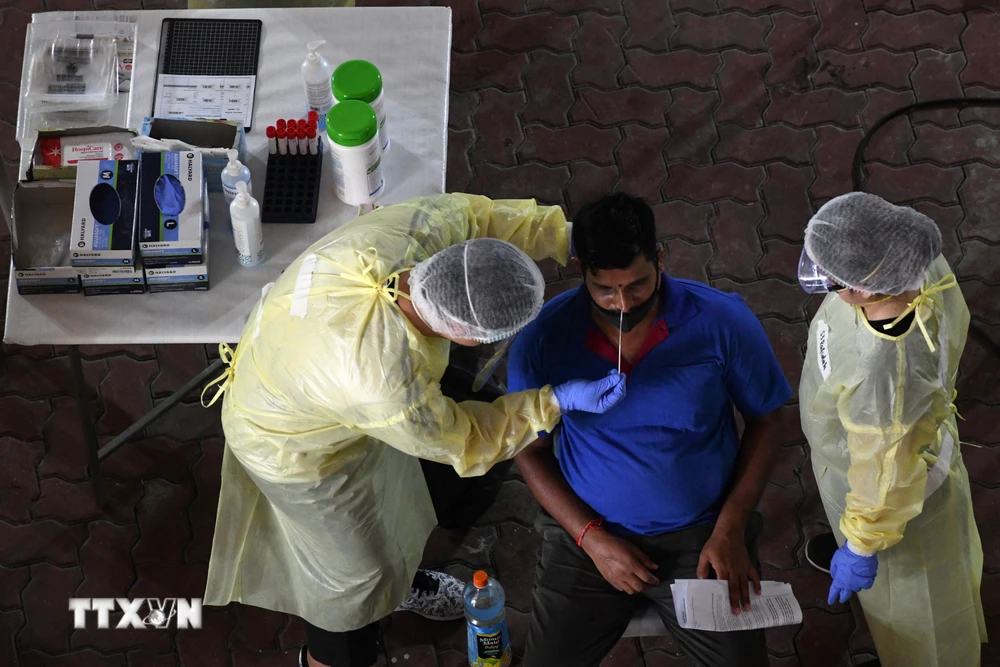 Nhân viên y tế lấy mẫu dịch xét nghiệm COVID-19 cho người lao động tại Singapore, ngày 10/6/2020. (Ảnh: AFP/TTXVN)