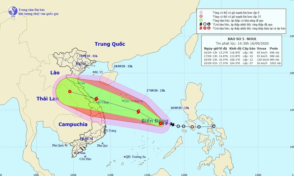 Bản đồ đường đi của Bão số 5. (Ảnh: TTXVN phát)