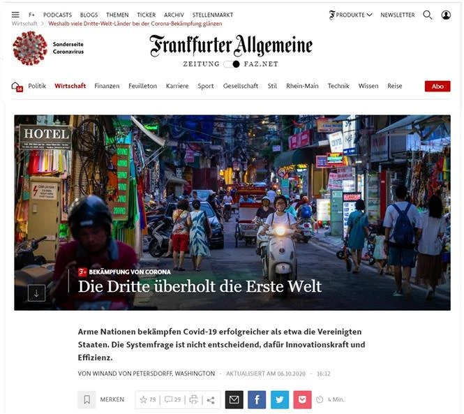 Bài viết trên báo Toàn cảnh Frankfurt (FAZ) của Đức ca ngợi hình mẫu chống dịch của Việt Nam. (Ảnh: Mạnh Hùng/ PV TTXVN tại Đức) 