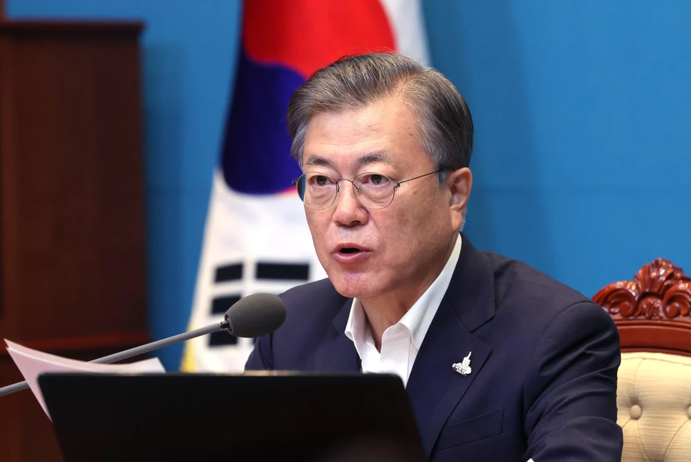 Tổng thống Moon Jae-in tại cuộc họp ở Seoul, Hàn Quốc. (Ảnh: YONHAP/TTXVN)