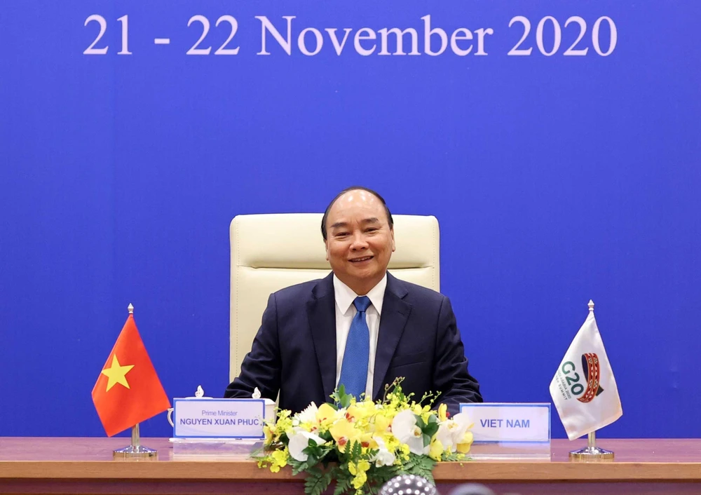Thủ tướng Nguyễn Xuân Phúc phát biểu tại Hội nghị thượng đỉnh G20 trực tuyến. (Ảnh: Thống Nhất/TTXVN)