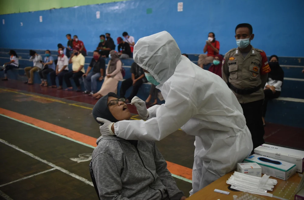 Nhân viên y tế lấy mẫu xét nghiệm COVID-19 cho người dân tại Jakarta, Indonesia ngày 23/11/2020. (Ảnh: THX/TTXVN)
