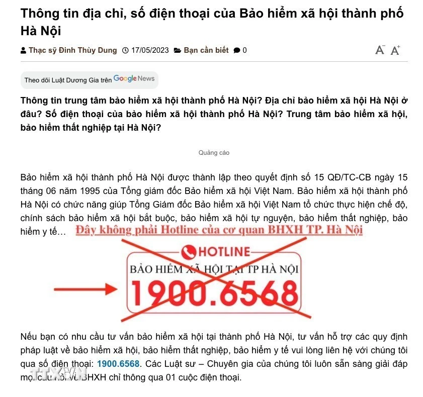 Số điện thoại giả mạo đường dây nóng của Bảo hiểm xã hội thành phố Hà Nội. (Ảnh: TTXVN phát)