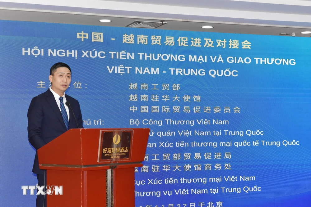 Ông Hoàng Minh Chiến, Phó Cục trưởng Cục Xúc tiến Thương mại, Bộ Công thương Việt Nam phát biểu tại hội nghị. (Ảnh: Tiến Trung/TTXVN)