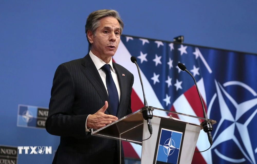 Ngoại trưởng Mỹ Antony Blinken phát biểu trong cuộc họp báo kết thúc hội nghị Ngoại trưởng NATO tại Brussels, Bỉ ngày 24/3/2021. (Ảnh: AFP/TTXVN)