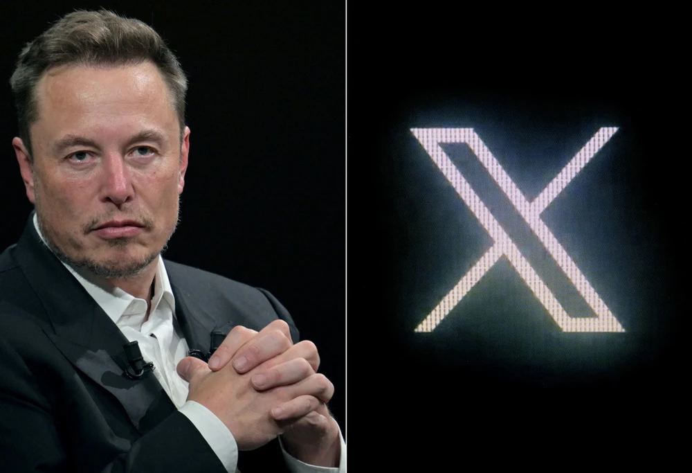 Tỷ phú Elon Musk (trái) và biểu tượng mạng xã hội X. (Ảnh: AFP/TTXVN)
