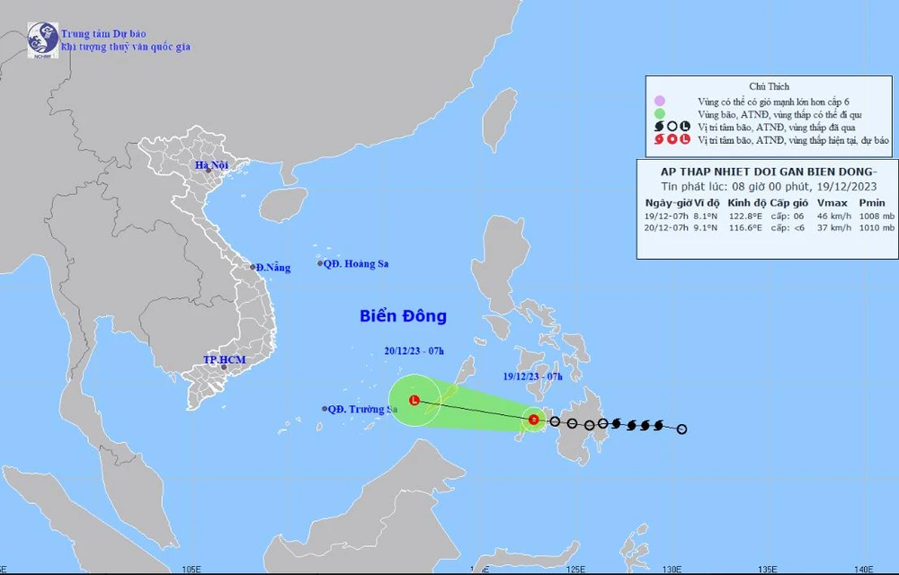 Dự báo đường đi của áp thấp nhiệt đới trên Biển Đông. (Nguồn: Trung tâm Dự báo Khí tượng Thủy văn Quốc gia)