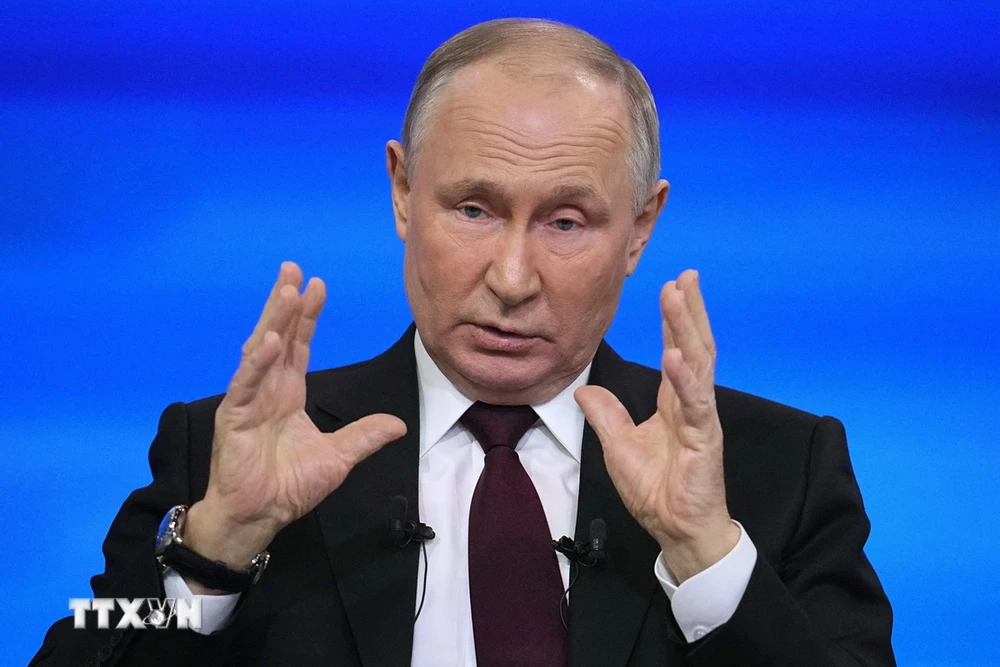 Tổng thống Nga Vladimir Putin tại cuộc họp báo cuối năm ở Moskva ngày 14/12/2023. (Ảnh: AFP/TTXVN)