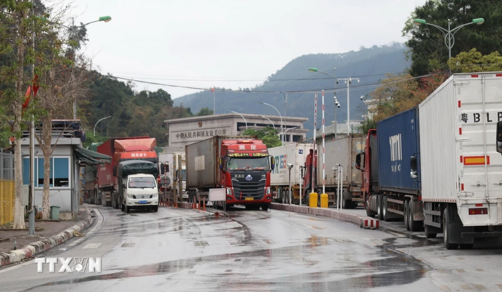 Phương tiện chở hàng hóa xuất nhập khẩu qua cửa khẩu quốc tế Hữu Nghị, tỉnh Lạng Sơn. (Ảnh: Quang Duy/TTXVN)