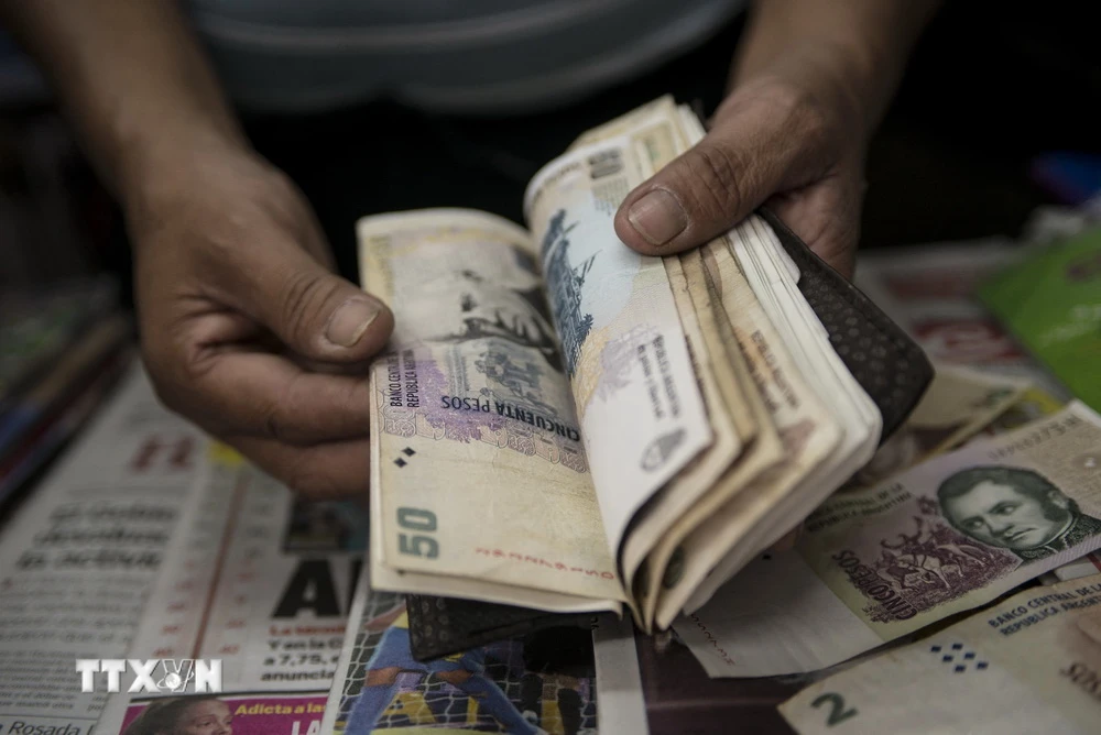 Đồng tiền mệnh giá 50 peso của Argentina. (Ảnh: AFP/TTXVN)