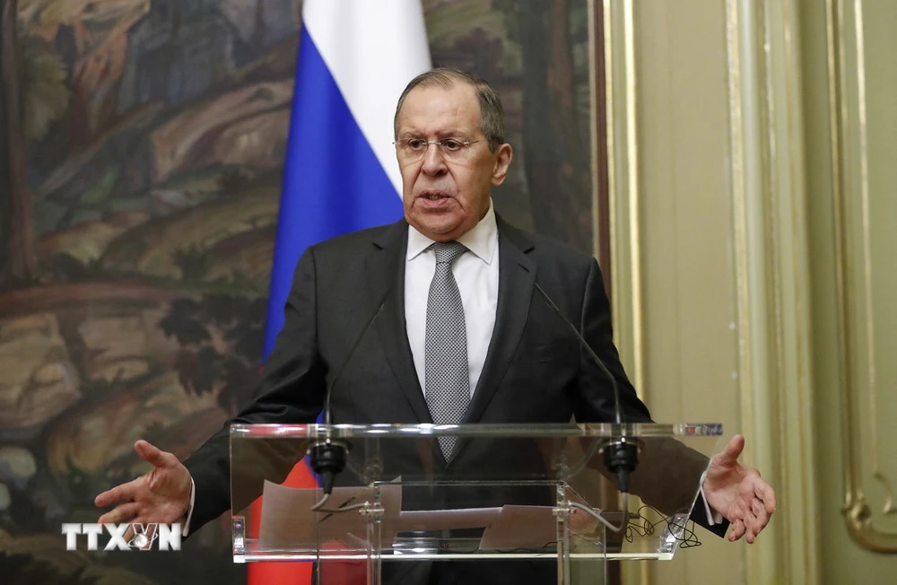 Ngoại trưởng Sergei Lavrov tại cuộc họp báo ở Moskva, Nga. (Ảnh: AFP/TTXVN)