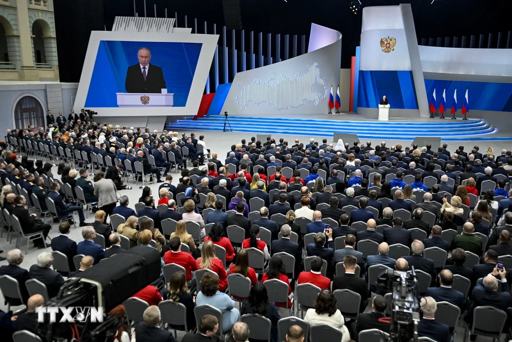 Tổng thống Nga Vladimir Putin trình bày Thông điệp liên bang trước Quốc hội ở Moskva ngày 29/2/2024. (Ảnh: AFP/TTXVN)