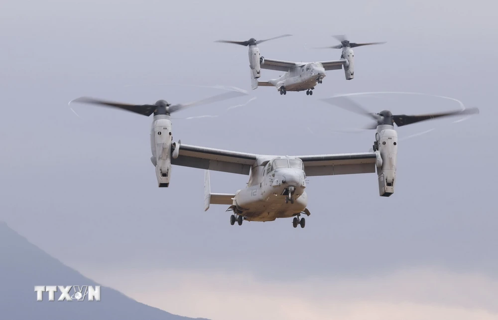 Máy bay Osprey của Mỹ tham gia tập trận chung với lực lượng phòng vệ mặt đất Nhật Bản tại quận Oita. (Ảnh: Kyodo/TTXVN)