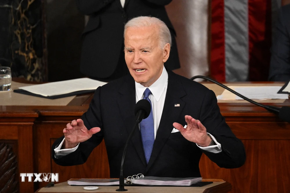Tổng thống Mỹ Joe Biden trình bày Thông điệp liên bang trước Quốc hội, ngày 7/3/2024. (Ảnh: AFP/TTXVN)