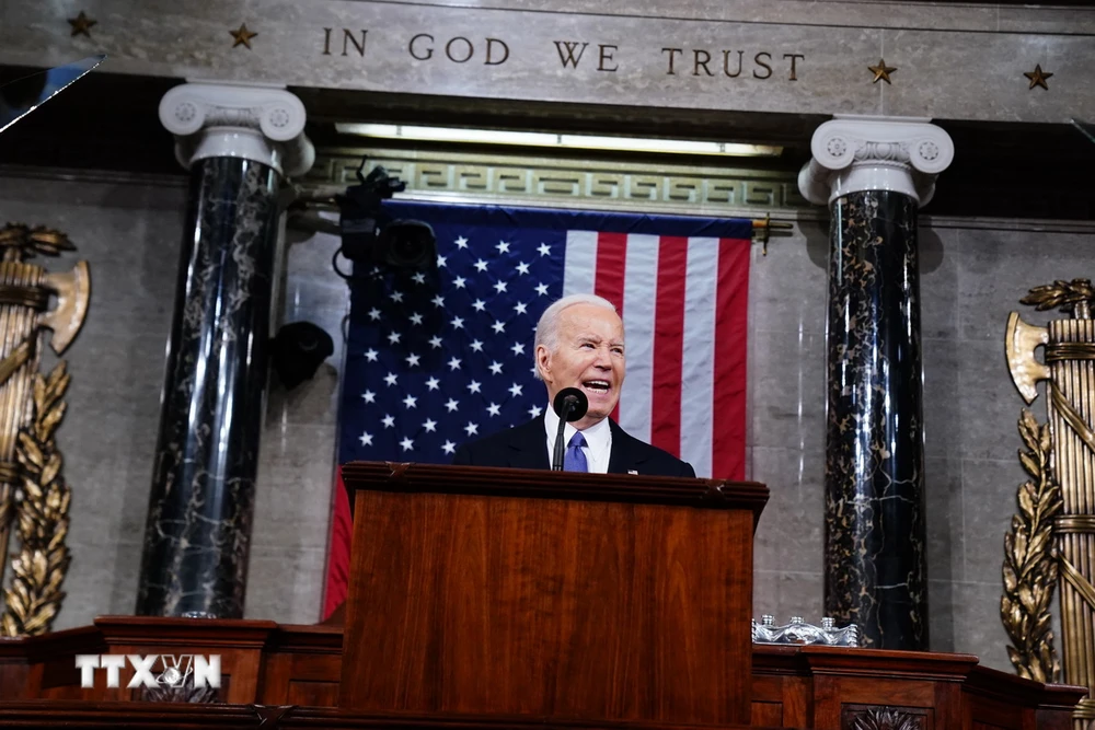 Tổng thống Mỹ Joe Biden trình bày Thông điệp liên bang trước Quốc hội lưỡng viện, ngày 7/3/2024. (Ảnh: AFP/TTXVN)