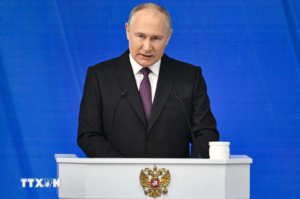 Tổng thống Nga Vladimir Putin trình bày Thông điệp liên bang trước Quốc hội ở Moskva ngày 29/2/2024. (Ảnh: AFP/TTXVN)