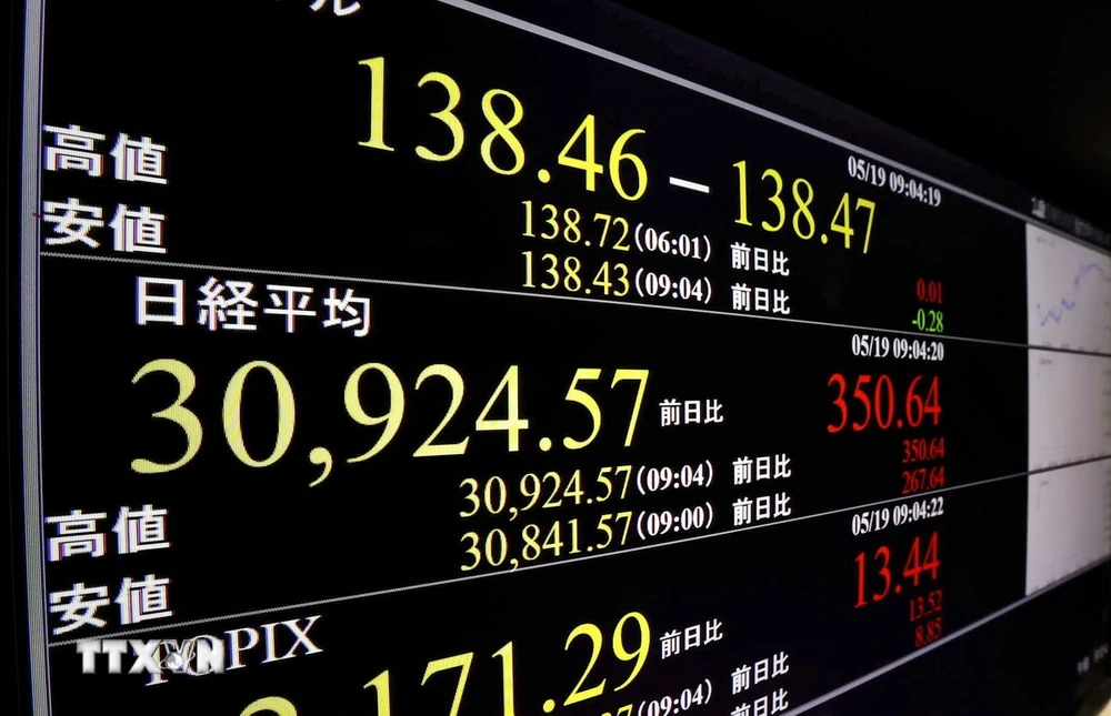 Chỉ số Nikkei trên thị trường chứng khoán Tokyo, Nhật Bản. (Ảnh: Kyodo/TTXVN)
