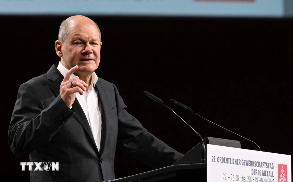 Thủ tướng Đức Olaf Scholz phát biểu tại một sự kiện ở Frankfurt am Main ngày 24/10/2023. (Ảnh: AFP/TTXVN)