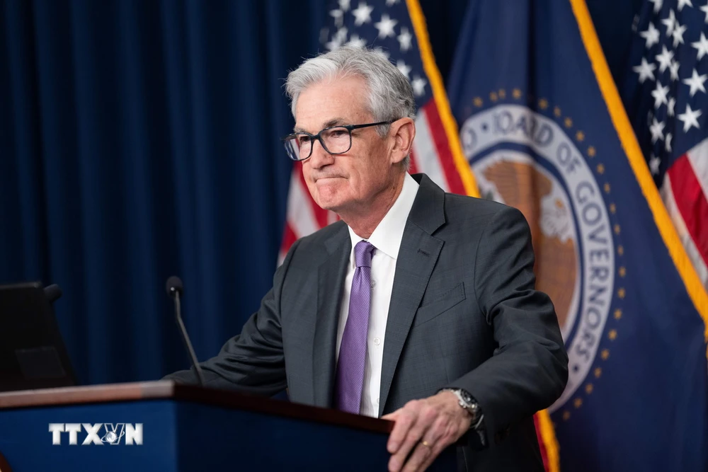 Chủ tịch Cục Dự trữ liên bang Mỹ (Fed) Jerome Powell trong cuộc họp báo công bố chính sách lãi suất tại Washington DC., ngày 20/3/2024. (Ảnh: THX/TTXVN)