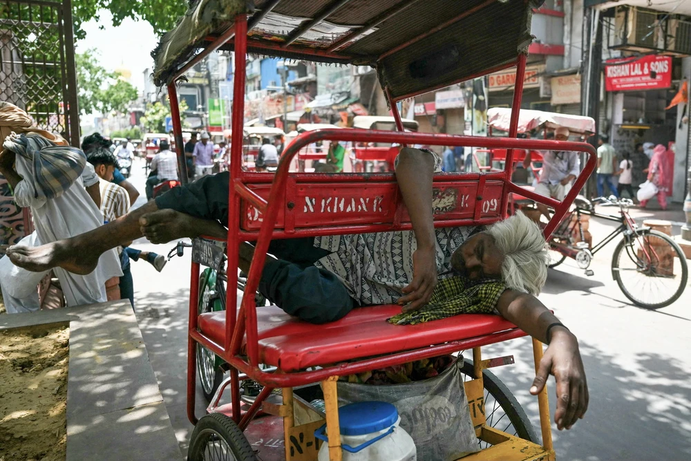Người lao động nghỉ trưa dưới bóng cây trong ngày nắng nóng tại New Delhi, Ấn Độ, ngày 31/5/2024. (Ảnh: AFP/TTXVN)