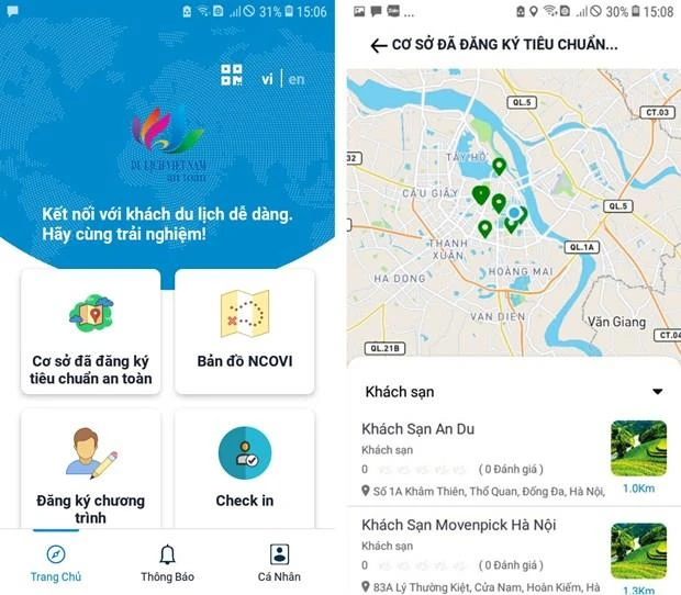 Ứng dụng "Du lịch Việt Nam an toàn" tích hợp nhiều tính năng cần thiết. (Nguồn: Vietnamtourism.gov.vn)