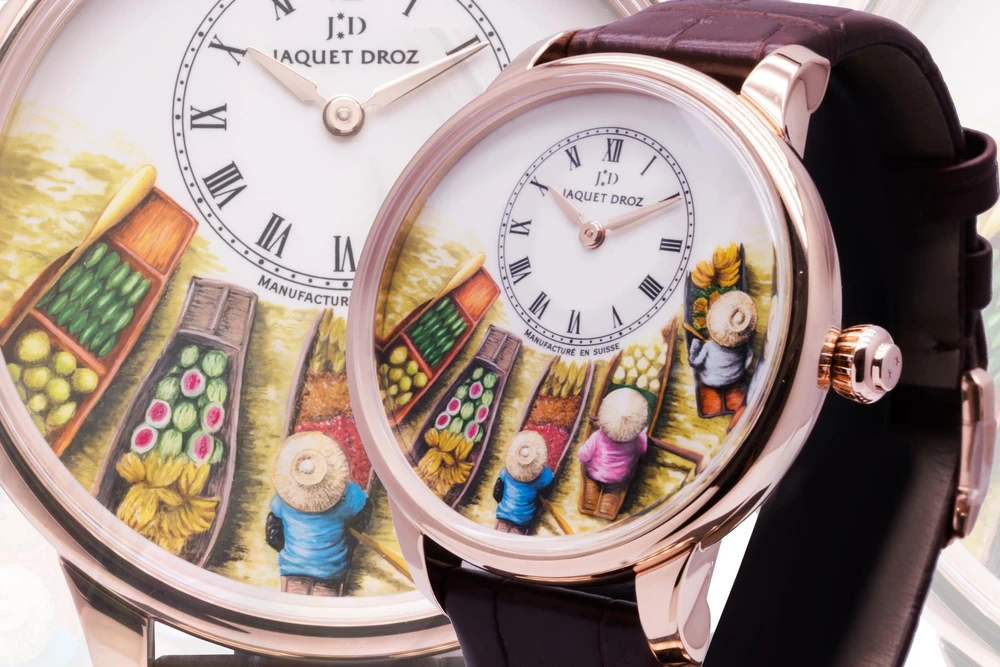 Tiểu họa chợ nổi Việt Nam trên độc bản của thương hiệu đồng hồ lâu đời nhất Thụy Sỹ. (Ảnh: CTV/Vietnam+)