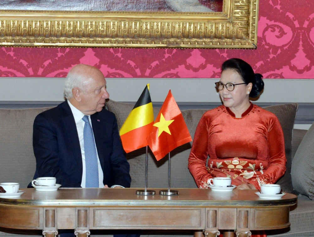 Chủ tịch Quốc hội Nguyễn Thị Kim Ngân hội kiến với Chủ tịch Thượng viện Bỉ Jacques Brotchi. (Ảnh: Trọng Đức/TTXVN)