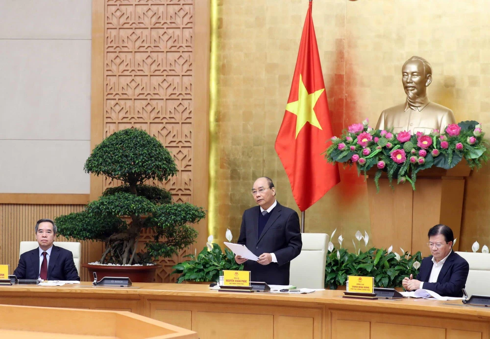 Thủ tướng Nguyễn Xuân Phúc phát biểu khai mạc tại điểm cầu Hà Nội. (Ảnh: Thống Nhất/TTXVN)