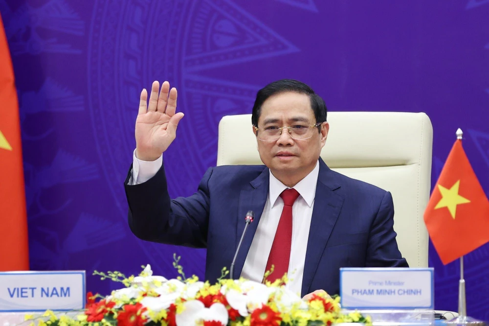 Thủ tướng Chính phủ Phạm Minh Chính tham dự Hội nghị quốc tế về Tương lai châu Á lần thứ 26 tại điểm cầu Hà Nội. (Ảnh: Dương Giang/TTXVN)