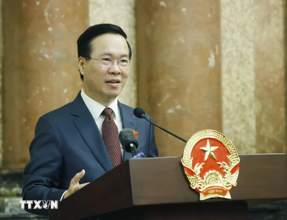 Chủ tịch nước Võ Văn Thưởng, Chủ tịch Danh dự Hội Chữ thập Đỏ Việt Nam phát biểu. (Ảnh: Thống Nhất/TTXVN)