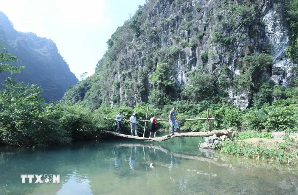 Du khách trải nghiệm vượt cầu Bảy Đời bắc qua suối Mỏ Mạ làm từ một thân cây tại Khu dã ngoại tại thôn Làng Áng của xã Yên Thịnh, huyện Hữu Lũng, tỉnh Lạng Sơn. (Ảnh: Anh Tuấn/TTXVN)