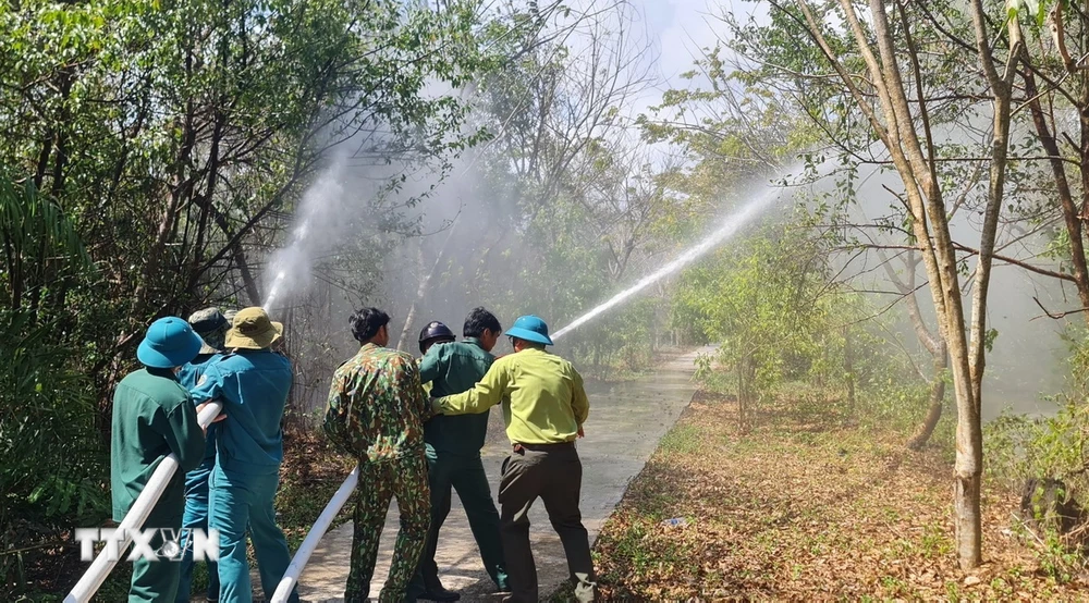 Thực hành phương án phòng cháy chữa cháy tại Khu Bảo tồn loài-sinh cảnh Vườn chim Bạc Liêu. (Ảnh: TTXVN phát)