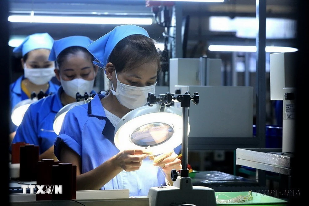 Công nhân sản xuất, gia công linh kiện đo lường nhiệt độ của Công ty TNHH Sankoh Việt Nam (100% vốn Nhật Bản) tại Khu Công nghiệp Bờ Trái Sông Đà, tỉnh Hòa Bình. (Ảnh: Tuấn Anh/TTXVN)