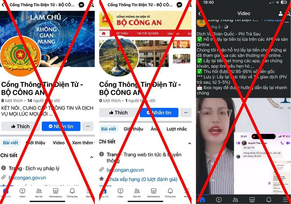 Một số trang thông tin mạo danh Cổng Thông tin Điện tử Bộ Công an trên Facebook.