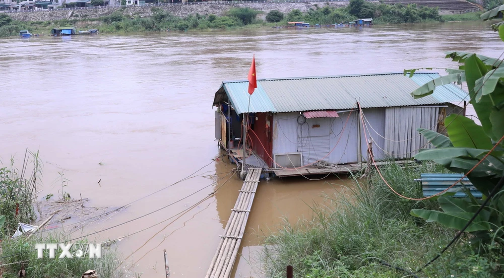 Người dân chủ động tìm chỗ neo đậu an toàn khi nước sông Lô dâng cao. (Ảnh: Quang Cường/TTXVN)