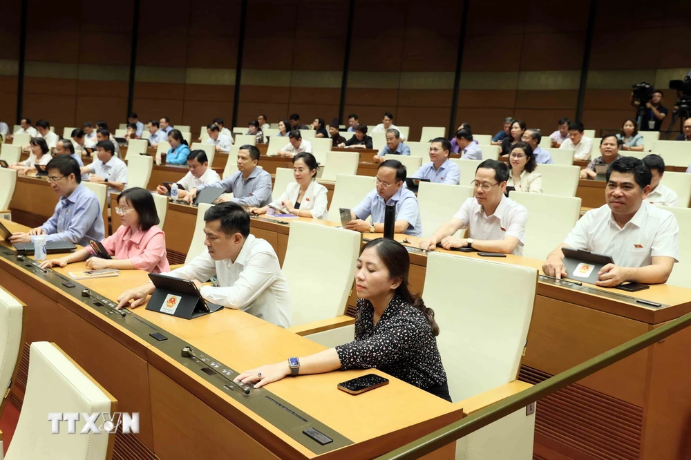 Các đại biểu biểu quyết thông qua Nghị quyết về Chương trình giám sát của Quốc hội năm 2025. (Ảnh: An Đăng/TTXVN)
