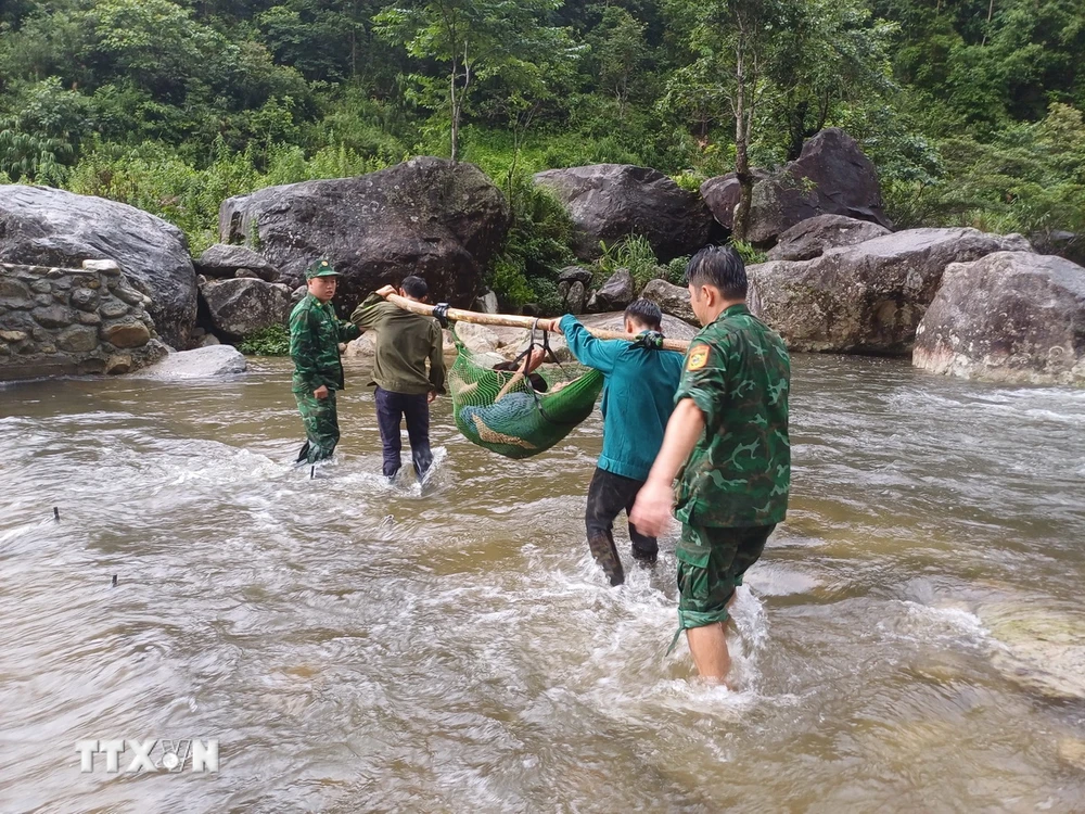 Lực lượng cứu hộ lội bộ 4 tiếng đồng hồ, cứu sống người đàn ông bị rơi xuống vực trong rừng. (Ảnh: TTXVN phát)