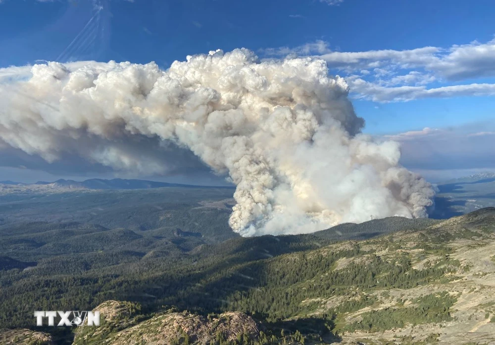 Khói bốc lên từ một đám cháy rừng tại British Columbia, Canada hồi năm 2023. (Ảnh: AFP/TTXVN)