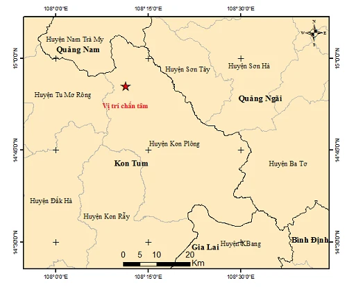 Bản đồ chấn tâm động đất ở Kon Tum. (Nguồn: Viện Vật lý Địa cầu)